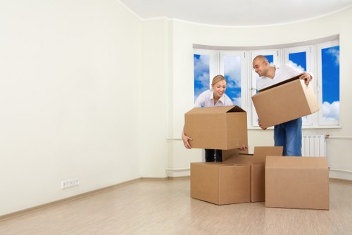 Organized packed storage boxes inside a mobile storage container